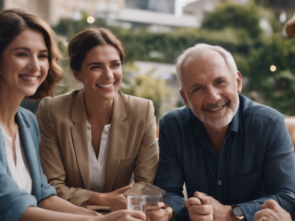 A group of three smiling business professionals, two women and one man, sit together at an outdoor setting, representing the effective sales training provided by Integrity Solutions Australia.